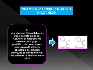 VITAMINA B3 O NIACINA, ÁCIDO
NICOTÍNICO

Es
una vitamina hidrosoluble, es
decir, soluble en agua.
Actúa en el metabolismo
celular como grupo
prostético de coenzimas o
precursora de ellas. Es
absorbida por difusión
pasiva, no se almacena y los
excedentes se eliminan en la
orina.

 