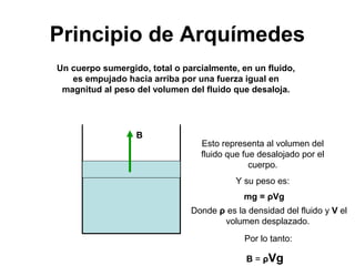 Principio de Arquímedes 
Un cuerpo sumergido, total o parcialmente, en un fluido, 
es empujado hacia arriba por una fuerza igual en 
magnitud al peso del volumen del fluido que desaloja. 
B 
Esto representa al volumen del 
fluido que fue desalojado por el 
cuerpo. 
Y su peso es: 
mg = ρVg 
Donde ρ es la densidad del fluido y V el 
volumen desplazado. 
Por lo tanto: 
B = ρVg 
 