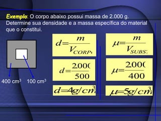 Exemplo: O corpo abaixo possui massa de 2.000 g.
Determine sua densidade e a massa específica do material
que o constitui.
400 cm3 100 cm3
3
/
4 cm
g
d
500
000
.
2

d
CORPO
V
m
d
3
/
5 cm
g


400
000
.
2


SUBST
V
m


 