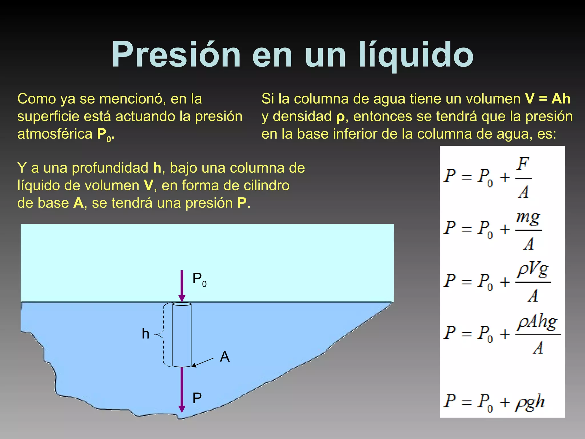 Presión en un líquido Como ya se mencionó, en la superficie está actuando la presión atmosférica  P 0 . Y a una profundidad  h , bajo una columna de líquido de volumen  V , en forma de cilindro de base  A , se tendrá una presión  P . Si la columna de agua tiene un volumen  V = Ah  y densidad  ρ , entonces se tendrá que la presión en la base inferior de la columna de agua, es: P 0 h P A 
