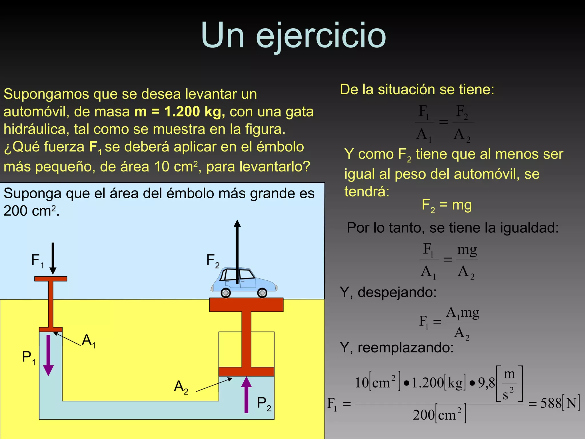 Un ejercicio F 1 P 1 F 2 P 2 A 1 A 2 Supongamos que se desea levantar un automóvil, de masa  m = 1.200 kg,  con una gata hidráulica, tal como se muestra en la figura. ¿Qué fuerza  F 1  se deberá aplicar en el émbolo más pequeño, de área 10 cm 2 , para levantarlo? Suponga que el área del émbolo más grande es 200 cm 2 . De la situación se tiene: Y como F 2  tiene que al menos ser igual al peso del automóvil, se tendrá: F 2  = mg Por lo tanto, se tiene la igualdad: Y, despejando: Y, reemplazando: 