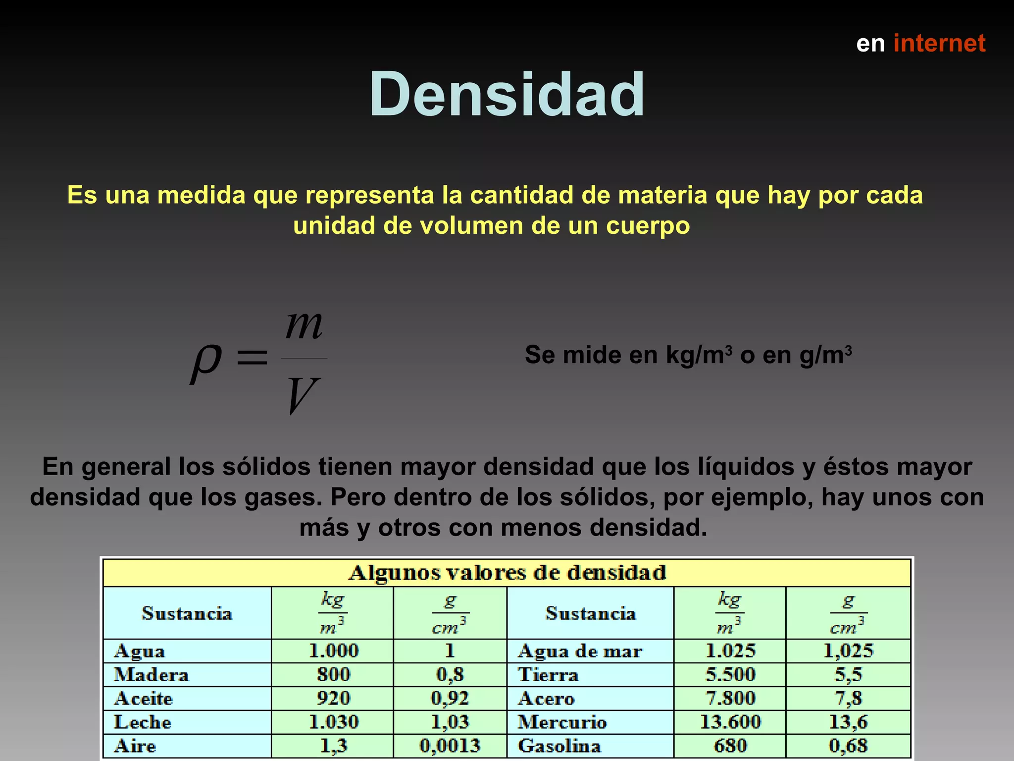 Densidad Es una medida que representa la cantidad de materia que hay por cada unidad de volumen de un cuerpo  en  internet Se mide en kg/m 3  o en g/m 3 En general los sólidos tienen mayor densidad que los líquidos y éstos mayor densidad que los gases. Pero dentro de los sólidos, por ejemplo, hay unos con más y otros con menos densidad.  