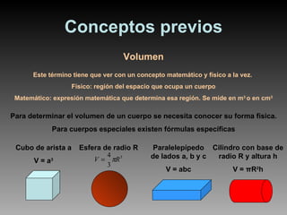 Conceptos previos Volumen Este término tiene que ver con un concepto matemático y físico a la vez.  Físico: región del espacio que ocupa un cuerpo Matemático: expresión matemática que determina esa región. Se mide en m 3  o en cm 3 Para determinar el volumen de un cuerpo se necesita conocer su forma física. Para cuerpos especiales existen fórmulas específicas Cubo de arista a V = a 3 Esfera de radio R  Paralelepípedo de lados a, b y c V = abc Cilindro con base de radio R y altura h V =  π R 2 h 