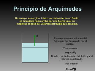 Principio de Arquímedes Un cuerpo sumergido, total o parcialmente, en un fluido, es empujado hacia arriba por una fuerza igual en magnitud al peso del volumen del fluido que desaloja. B Esto representa al volumen del fluido que fue desalojado por el cuerpo. Y su peso es: mg =  ρ Vg Donde  ρ   es la densidad del fluido y  V  el volumen desplazado.  B  =  ρ Vg Por lo tanto: 