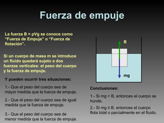 Fuerza de empuje La fuerza B =  ρ Vg se conoce como “Fuerza de Empuje” o “Fuerza de flotación”. Si un cuerpo de masa m se introduce un fluido quedará sujeto a dos fuerzas verticales: el peso del cuerpo y la fuerza de empuje. B mg Y pueden ocurrir tres situaciones: 1.- Que el peso del cuerpo sea de mayor medida que la fuerza de empuje. 2.- Que el peso del cuerpo sea de igual medida que la fuerza de empuje. 3.- Que el peso del cuerpo sea de menor medida que la fuerza de empuje. Conclusiones: 1.- Si mg > B, entonces el cuerpo se hunde. 2.- Si mg  ≤ B, entonces el cuerpo flota total o parcialmente en el fluido. 