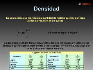 Densidad Es una medida que representa la cantidad de materia que hay por cada unidad de volumen de un cuerpo  en  internet Se mide en kg/m 3  o en g/m 3 En general los sólidos tienen mayor densidad que los líquidos y éstos mayor densidad que los gases. Pero dentro de los sólidos, por ejemplo, hay unos con más y otros con menos densidad.  