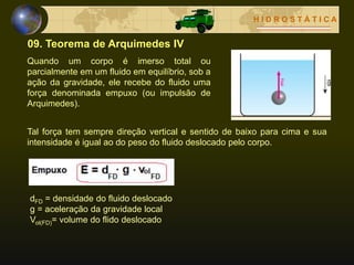 H I D R O S T Á T I C A
09. Teorema de Arquimedes IV
Quando um corpo é imerso total ou
parcialmente em um fluido em equilíbrio, sob a
ação da gravidade, ele recebe do fluido uma
força denominada empuxo (ou impulsão de
Arquimedes).
Tal força tem sempre direção vertical e sentido de baixo para cima e sua
intensidade é igual ao do peso do fluido deslocado pelo corpo.
dFD = densidade do fluido deslocado
g = aceleração da gravidade local
Vol(FD)= volume do flido deslocado
 