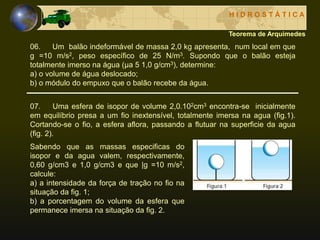 H I D R O S T Á T I C A
Teorema de Arquimedes
06. Um balão indeformável de massa 2,0 kg apresenta, num local em que
g =10 m/s2, peso específico de 25 N/m3. Supondo que o balão esteja
totalmente imerso na água (μa 5 1,0 g/cm3), determine:
a) o volume de água deslocado;
b) o módulo do empuxo que o balão recebe da água.
07. Uma esfera de isopor de volume 2,0.102cm3 encontra-se inicialmente
em equilíbrio presa a um fio inextensível, totalmente imersa na agua (fig.1).
Cortando-se o fio, a esfera aflora, passando a flutuar na superficie da agua
(fig. 2).
Sabendo que as massas especificas do
isopor e da agua valem, respectivamente,
0,60 g/cm3 e 1,0 g/cm3 e que |g =10 m/s2,
calcule:
a) a intensidade da força de tração no fio na
situação da fig. 1;
b) a porcentagem do volume da esfera que
permanece imersa na situação da fig. 2.
 