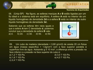 H I D R O S T Á T I C A
Teorema de Arquimedes
08. (Unip-SP) Na figura, as esferas maciças A e B estão ligadas por um
fio ideal e o sistema está em equilíbrio. A esfera A está no interior de um
líquido homogêneo de densidade 2d e a esfera B está no interior de outro
líquido homogêneo de densidade 3d..
09. Um cubo de madeira (densidade = 0,80 g/cm3) de aresta 20 cm flutua
em água (massa específica = 1,0g/cm3) com a face superior paralela à
superfície livre da água. Adotando g 5 10 m/s2, a diferença entre a pressão na
face inferior e a pressão na face superior do cubo é:
a) 1,2 ? 103 Pa. d) 3,0 ? 103 Pa.
b) 1,6 ? 103 Pa. e) 4,0 ? 103 Pa.
c) 2,4 ? 103 Pa.
Sabendo que as esferas têm raios iguais e
que a esfera A tem C densidade d, podemos
concluir que a densidade da esfera B vale:
a) d. b) 2d. c) 3d. d) 4d. e) 5d.
 