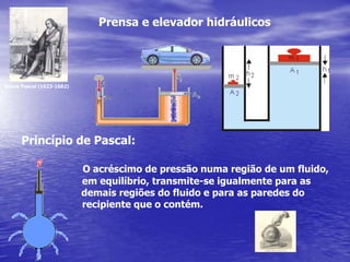 Prensa e elevador hidráulicosBlaise Pascal (1623-1662)Princípio de Pascal:O acréscimo de pressão numa região de um fluido,   	         em equilíbrio, transmite-se igualmente para as                      demais regiões do fluido e para as paredes do    	         recipiente que o contém. 