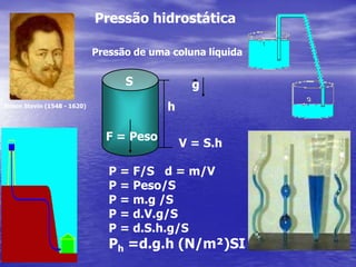 Pressão hidrostáticaPressão de uma coluna líquidaSghSimon Stevin (1548 - 1620)F = PesoV = S.hP = F/S   d = m/VP = Peso/SP = m.g /SP = d.V.g/SP = d.S.h.g/SPh =d.g.h (N/m²)SI