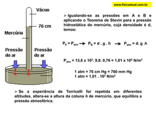 www.fisicaatual.com.brUma pessoa deitada possui pressão hidrostática praticamente constante em todos os pontos e igual à do coração.100 mmHg59mmHgValor de referência187 mmHgOuve-se um barulhoritmadoEsfigmomanómetroO barulhopara