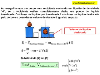 www.fisicaatual.com.brPRINCÍPIO DE ARQUIMEDESO peso do corpo é igual a tração no fio aplicada no prato da balança à direita.Quando imerso na água o corpo parece pesar menos, pois a balança desequilibra para o lado esquerdo. O líquido exerce no corpo uma força vertical para cima. Todo corpo imerso, total ou parcialmente, num fluido em equilíbrio,  fica sob a ação de uma força vertical, com sentido ascendente, aplicada pelo fluido; esta força é denominada empuxo.