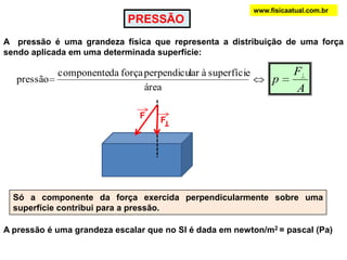 www.fisicaatual.com.brPRESSÃOA  pressão é uma grandeza física que representa a distribuição de uma força sendo aplicada em uma determinada superfície: FSó a componente da força exercida perpendicularmente sobre uma superfície contribui para a pressão.A pressão é uma grandeza escalar que no SI é dada em newton/m2 = pascal (Pa)   F T