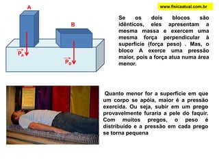 Awww.fisicaatual.com.brSe os dois blocos são idênticos, eles apresentam a mesma massa e exercem uma mesma força perpendicular à superfície (força peso) . Mas, o bloco A exerce uma pressão maior, pois a força atua numa área menor.B Quanto menor for a superfície em que um corpo se apóia, maior é a pressão exercida. Ou seja, subir em um prego provavelmente furaria a pele do faquir. Com muitos pregos, o peso é distribuído e a pressão em cada prego se torna pequenaPAPB