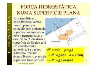 FORÇA HIDROSTÁTICA
                 NUMA SUPERFÍCIE PLANA
HIDROSTÁTICA

               Para simplificar o
               entendimento, vamos
               fazer o plano y-z
               coincidir com o plano da
               superfície submersa e o
               eixo x perpendicular a
               esse plano. Além disso a
               superfície do líquido está
               em contato com a
               atmosfera. Se o plano      dF = pdA ∴ p = γ h
               submerso fizer um
               ângulo θ com o plano da → dF = γ hdA ∴ h = y sin θ
               superfície livre, tem-se: → dF = γ y sin θ dA        47
                  Prof. Henrique Mariano
 