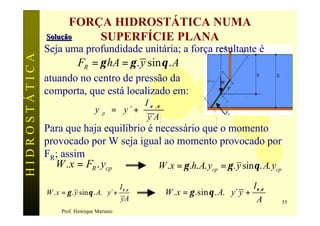 FORÇA HIDROSTÁTICA NUMA
               Solução   SUPERFÍCIE PLANA
               Seja uma profundidade unitária; a força resultante é
HIDROSTÁTICA

                            FR = γ hA = γ . y sin θ . A
               atuando no centro de pressão da
               comporta, que está localizado em:
                                                         I ε ,ε
                                    y   p   = y ´+
                                                         yA
               Para que haja equilíbrio é necessário que o momento
               provocado por W seja igual ao momento provocado por
               FR; assim
                  W . x = FR . ycp         W . x = γ .h. A. ycp = γ . y sinθ . A. ycp

                                             I ε ,ε                                           Iε ,ε 
               W . x = γ . y sin θ . A.  y´+                     W . x = γ .sin θ . A.  y´ y +
                                             yA                                               A      55
                     Prof. Henrique Mariano
 
