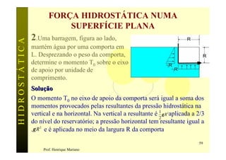 FORÇA HIDROSTÁTICA NUMA
                           SUPERFÍCIE PLANA
               2.Uma barragem, figura ao lado,
HIDROSTÁTICA

               mantém água por uma comporta em
               L. Desprezando o peso da comporta,
               determine o momento T0 sobre o eixo
               de apoio por unidade de
               comprimento.
               Solução
               O momento T0 no eixo de apoio da comporta será igual a soma dos
               momentos provocados pelas resultantes da pressão hidrostática na
               vertical e na horizontal. Na vertical a resultante é 1 γ R aplicada a 2/3
                                                                        2

                                                                    2
               do nível do reservatório; a pressão horizontal tem resultante igual a
               .γ R 2 e é aplicada no meio da largura R da comporta

                                                                                     59
                    Prof. Henrique Mariano
 