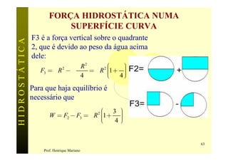 FORÇA HIDROSTÁTICA NUMA
                          SUPERFÍCIE CURVA
               F3 é a força vertical sobre o quadrante
HIDROSTÁTICA

               2, que é devido ao peso da água acima
               dele:
                               pR2     2æ      ö
                                        ç1 + p ÷
                  F3 = g R - g
                          2
                                   = gR ç
                                        ç      ÷
                                               ÷
                                4       è    4ø
               Para que haja equilíbrio é
               necessário que
                                        æ 3p ÷
                                             ö
                                        ç1 + ÷
                      W = F2 - F3 = g R ç   2
                                        ç
                                        è   4÷
                                             ø


                                                         63
                   Prof. Henrique Mariano
 