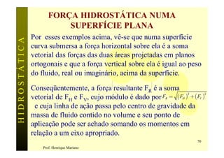 FORÇA HIDROSTÁTICA NUMA
                          SUPERFÍCIE PLANA
               Por esses exemplos acima, vê-se que numa superfície
HIDROSTÁTICA

               curva submersa a força horizontal sobre ela é a soma
               vetorial das forças das duas áreas projetadas em planos
               ortogonais e que a força vertical sobre ela é igual ao peso
               do fluido, real ou imaginário, acima da superfície.

               Conseqüentemente, a força resultante FR é a soma
                                                            FR = ( FH ) + ( FV )
                                                                       2        2
               vetorial de FH e FV, cujo módulo é dado por
                e cuja linha de ação passa pelo centro de gravidade da
               massa de fluido contido no volume e seu ponto de
               aplicação pode ser achado somando os momentos em
               relação a um eixo apropriado.
                                                                             70
                   Prof. Henrique Mariano
 