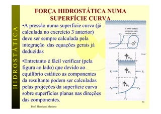 FORÇA HIDROSTÁTICA NUMA
                          SUPERFÍCIE CURVA
               •A pressão numa superfície curva (já
HIDROSTÁTICA

               calculada no exercício 3 anterior)
               deve ser sempre calculada pela
               integração das equações gerais já
               deduzidas
               •Entretanto é fácil verificar (pela
               figura ao lado) que devido ao
               equilíbrio estático as componentes
               da resultante podem ser calculadas
               pelas projeções da superfície curva
               sobre superfícies planas nas direções
               das componentes.                        71
                   Prof. Henrique Mariano
 