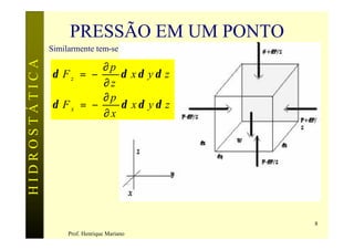 PRESSÃO EM UM PONTO
               Similarmente tem-se
HIDROSTÁTICA

                        ∂p
               δ Fz = −    δ xδ yδ z
                        ∂z
                        ∂p
               δ Fx = −    δ xδ yδ z
                        ∂x




                                             8
                    Prof. Henrique Mariano
 
