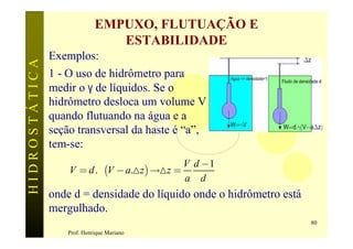 EMPUXO, FLUTUAÇÃO E
                                ESTABILIDADE
               Exemplos:
HIDROSTÁTICA

               1 - O uso de hidrômetro para
               medir o γ de líquidos. Se o
               hidrômetro desloca um volume V
               quando flutuando na água e a
               seção transversal da haste é “a”,
               tem-se:
                                              V d -1
                  gV = d .g (V - a.Vz ) ®Vz =
                                              a d
               onde d = densidade do líquido onde o hidrômetro está
               mergulhado.
                                                                      80
                   Prof. Henrique Mariano
 