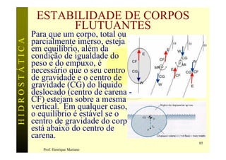 ESTABILIDADE DE CORPOS
                     FLUTUANTES
               Para que um corpo, total ou
HIDROSTÁTICA

               parcialmente imerso, esteja
               em equilíbrio, além da
               condição de igualdade do
               peso e do empuxo, é
               necessário que o seu centro
               de gravidade e o centro de
               gravidade (CG) do líquido
               deslocado (centro de carena -
               CF) estejam sobre a mesma
               vertical. Em qualquer caso,
               o equilíbrio é estável se o
               centro de gravidade do corpo
               está abaixo do centro de
               carena.
                                               85
                  Prof. Henrique Mariano
 