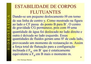 ESTABILIDADE DE CORPOS
                     FLUTUANTES
               Dando-se um pequeno deslocamento dq em torno
HIDROSTÁTICA


               de sua linha de centro y. Como mostrado na figura
               ao lado o CF passa do ponto B para B´. O centro
               de gravidade CG permanece, pois com dq uma
               quantidade de água foi deslocado no lado direito e
               outra é deixada no lado esquerdo. Essas
               quantidades de fluidos geram uma dF de cada lado,
               provocando um momento de restauração m. Assim
               a força total de flutuação para a configuração
               inclinada é FB´ em B´ que é estaticamente
               equivalente a FB em B mais o momento m.
                                                              89
                  Prof. Henrique Mariano
 