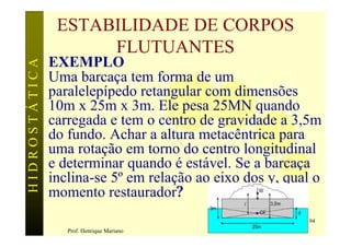 ESTABILIDADE DE CORPOS
                     FLUTUANTES
               EXEMPLO
HIDROSTÁTICA


               Uma barcaça tem forma de um
               paralelepípedo retangular com dimensões
               10m x 25m x 3m. Ele pesa 25MN quando
               carregada e tem o centro de gravidade a 3,5m
               do fundo. Achar a altura metacêntrica para
               uma rotação em torno do centro longitudinal
               e determinar quando é estável. Se a barcaça
               inclina-se 5º em relação ao eixo dos y, qual o
               momento restaurador?
                                                          94
                  Prof. Henrique Mariano
 