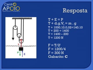 T+E=P
T + d.g.VS = m . g
T + 1000.10.0,02=140.10
T + 200 = 1400
T = 1400 – 200
T = 1200 N

F = T/22
F = 1200/4
F = 300 N
Gabarito: C
 