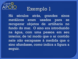 Há séculos atrás, grandes sinos
metálicos eram usados para se
recuperar objetos de artilharia no
fundo do mar. O sino era introduzido
na água, com uma pessoa em seu
interior, de tal modo que o ar contido
nele não escapasse à medida que o
sino afundasse, como indica a figura a
seguir.
 