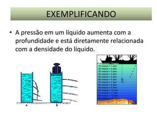 EXEMPLIFICANDO
• A pressão em um líquido aumenta com a
profundidade e está diretamente relacionada
com a densidade do líquido.

 