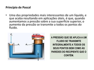 Princípio de Pascal
• Uma das propriedades mais interessantes de um líquido, e
que acaba resultando em aplicações úteis, é que, quando
aumentamos a pressão sobre a sua superfície superior, o
aumento da pressão se transmite a todos os pontos do
fluido.
A PRESSÃO QUE SE APLICA A UM
FLUIDO SE TRANSMITE
INTEGRALMENTE A TODOS OS
SEUS PONTOS BEM COMO ÀS
PAREDES DO RECIPIENTE QUE O
CONTÉM.

.

 