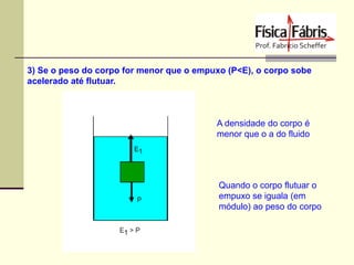 3) Se o peso do corpo for menor que o empuxo (P<E), o corpo sobe
acelerado até flutuar.

A densidade do corpo é
menor que o a do fluido

Quando o corpo flutuar o
empuxo se iguala (em
módulo) ao peso do corpo

 