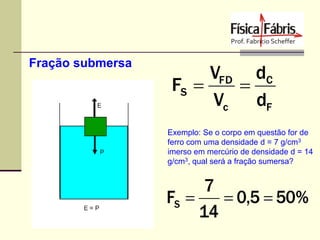 Fração submersa

VFD dC
FS 

Vc dF
Exemplo: Se o corpo em questão for de
ferro com uma densidade d = 7 g/cm3
imerso em mercúrio de densidade d = 14
g/cm3, qual será a fração sumersa?

7
FS 
 0,5  50%
14

 