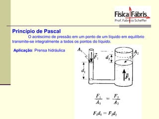Princípio de Pascal
O acréscimo de pressão em um ponto de um líquido em equilíbrio
transmite-se integralmente a todos os pontos do líquido.
Aplicação: Prensa hidráulica

 