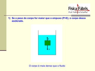 1) Se o peso do corpo for maior que o empuxo (P>E), o corpo desce
acelerado.

O corpo é mais denso que o fluido

 