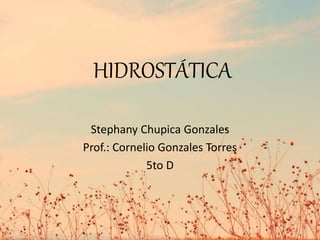 HIDROSTÁTICA 
Stephany Chupica Gonzales 
Prof.: Cornelio Gonzales Torres 
5to D 
 