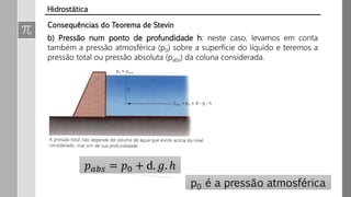 b) Pressão num ponto de profundidade h: neste caso, levamos em conta
também a pressão atmosférica (p0) sobre a superfície do líquido e teremos a
pressão total ou pressão absoluta (pabs) da coluna considerada.
𝑝 𝑎𝑏𝑠 = 𝑝0 + d. 𝑔. ℎ
p0 é a pressão atmosférica
Consequências do Teorema de Stevin
Hidrostática
 