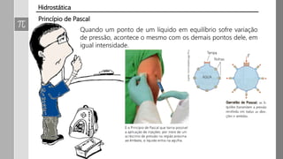 Princípio de Pascal
Quando um ponto de um líquido em equilíbrio sofre variação
de pressão, acontece o mesmo com os demais pontos dele, em
igual intensidade.
Hidrostática
 
