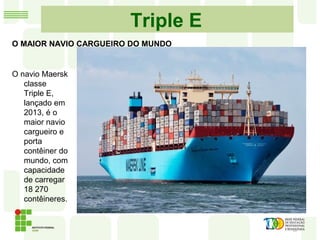 Triple E
O navio Maersk
classe
Triple E,
lançado em
2013, é o
maior navio
cargueiro e
porta
contêiner do
mundo, com
capacidade
de carregar
18 270
contêineres.
O MAIOR NAVIO CARGUEIRO DO MUNDO
 