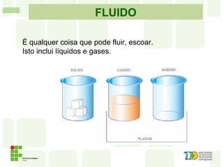 É qualquer coisa que pode fluir, escoar.
Isto inclui líquidos e gases.
FLUIDO
 