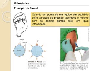 Hidrostática
Princípio de Pascal
Quando um ponto de um líquido em equilíbrio
sofre variação de pressão, acontece o mesmo
com os demais pontos dele, em igual
intensidade
 
