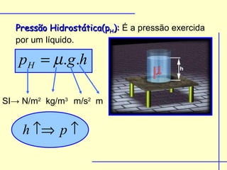 Pressão Hidrostática(pH): É a pressão exercida
  por um líquido.

   pH = µ.g .h

SI→ N/m2 kg/m3 m/s2 m


    h ↑⇒ p ↑
 