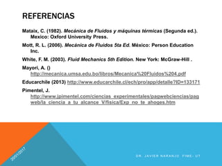 D R . J A V I E R N A R A N J O F I M E - U T
REFERENCIAS
Mataix, C. (1982). Mecánica de Fluidos y máquinas térmicas (Segunda ed.).
Mexico: Oxford University Press.
Mott, R. L. (2006). Mecánica de Fluidos 5ta Ed. México: Person Education
Inc.
White, F. M. (2003). Fluid Mechanics 5th Edition. New York: McGraw-Hill .
Mayori, A. ()
http://mecanica.umsa.edu.bo/libros/Mecanica%20Fluidos%204.pdf
Educarchile (2013) http://www.educarchile.cl/ech/pro/app/detalle?ID=133171
Pimentel, J.
http://www.jpimentel.com/ciencias_experimentales/pagwebciencias/pag
web/la_ciencia_a_tu_alcance_V/fisica/Exp_no_te_ahoges.htm
 