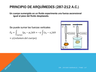 D R . J A V I E R N A R A N J O F I M E - U T
PRINCIPIO DE ARQUÍMEDES (287-212 A.C.)
Un cuerpo sumergido en un fluido experimenta una fuerza ascensional
igual al peso del fluido desplazado.
Se puede sumar las fuerzas verticales
𝐹𝐵 =
𝑐𝑢𝑒𝑟𝑝𝑜
𝑝2 − 𝑝1 𝑑𝐴 = −𝛾 𝑧2 − 𝑧1 𝑑𝐴
= 𝛾(𝑣𝑜𝑙𝑢𝑚𝑒𝑛 𝑑𝑒𝑙 𝑐𝑢𝑒𝑟𝑝𝑜)
 