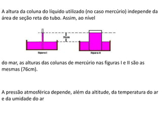 A altura da coluna do líquido utilizado (no caso mercúrio) independe da
área de seção reta do tubo. Assim, ao nível
do mar, as alturas das colunas de mercúrio nas figuras I e II são as
mesmas (76cm).
A pressão atmosférica depende, além da altitude, da temperatura do ar
e da umidade do ar
 