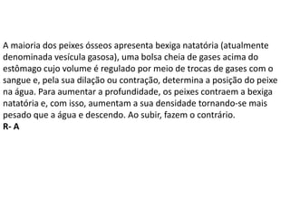 A maioria dos peixes ósseos apresenta bexiga natatória (atualmente
denominada vesícula gasosa), uma bolsa cheia de gases acima do
estômago cujo volume é regulado por meio de trocas de gases com o
sangue e, pela sua dilação ou contração, determina a posição do peixe
na água. Para aumentar a profundidade, os peixes contraem a bexiga
natatória e, com isso, aumentam a sua densidade tornando-se mais
pesado que a água e descendo. Ao subir, fazem o contrário.
R- A
 