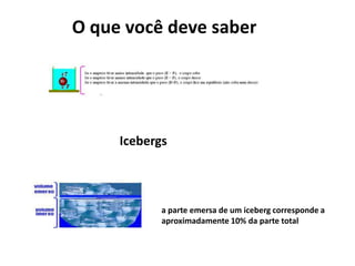O que você deve saber
Icebergs
a parte emersa de um iceberg corresponde a
aproximadamente 10% da parte total
 